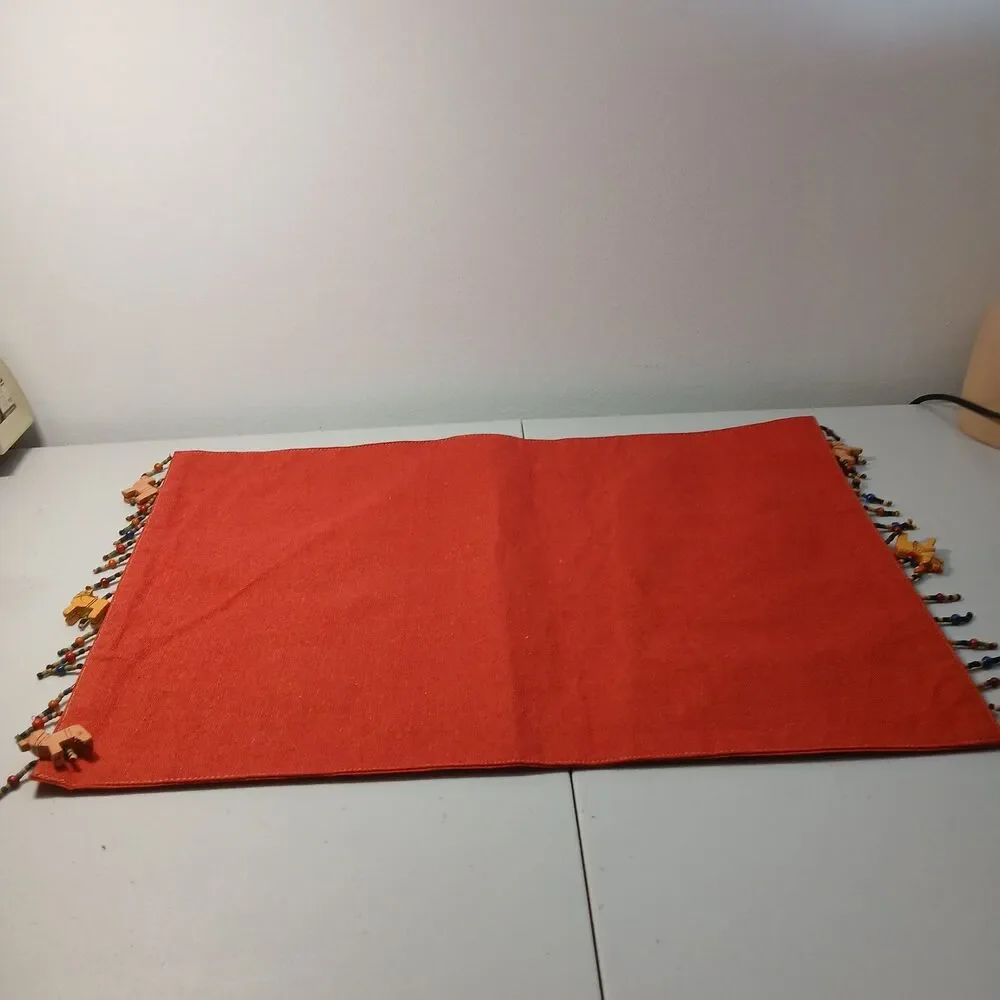 Pier 1 Imports Red Beaded Trim Cotton Placemats Ornate Wooden Bohemian Set of 4